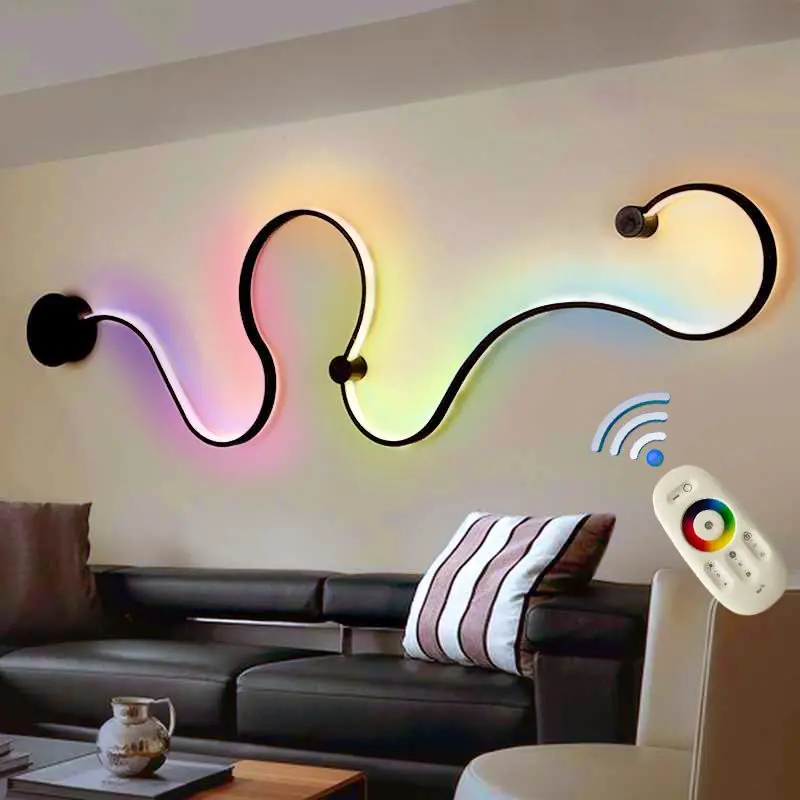 

Modern Rgb Led Wall Lamp Remote Control Stairs Bedroom Lamps Colorful Ceiling Sconce S-Shaped Aluminium Aisle Lights Room Decor