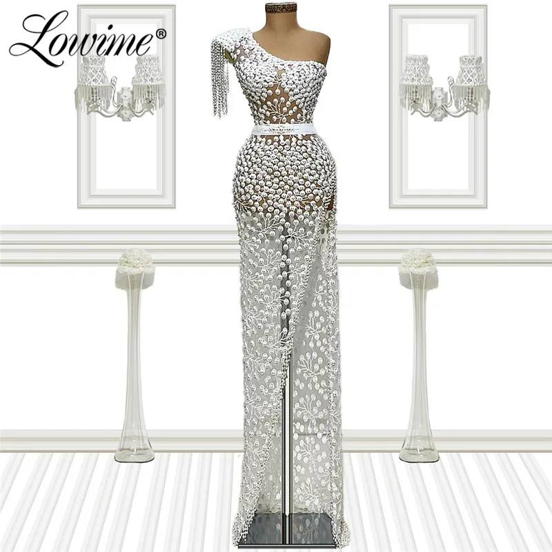 

Beading Pearls Evening Dresses One Shoulder High Split Side Party Dress 2021 Plus Size Mermaid Long Prom Gowns Vestidos De Festa