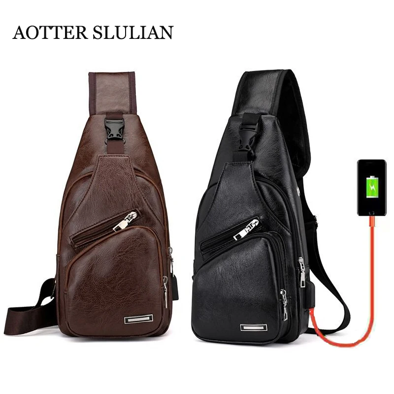 

Mens Chest Bag USB Charging Crossbody Bag Soft Leather Shoulder Bag Handbag Designer Messenger Bag Fashion Waterproof Pillow Bag