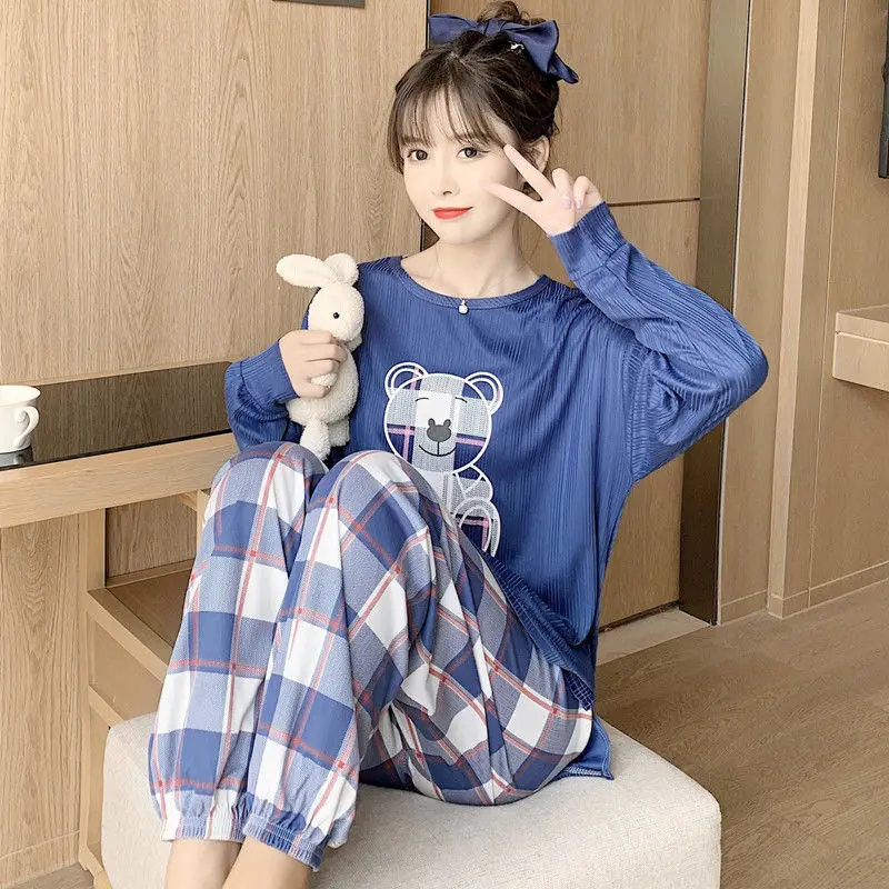 

HOUZHOU Womens Two Piece Sets Kawaii Cartoon Print Top Plaid Bottoms Pajamas Summer Autumn Sleepwear Home Clothes Loungerwear