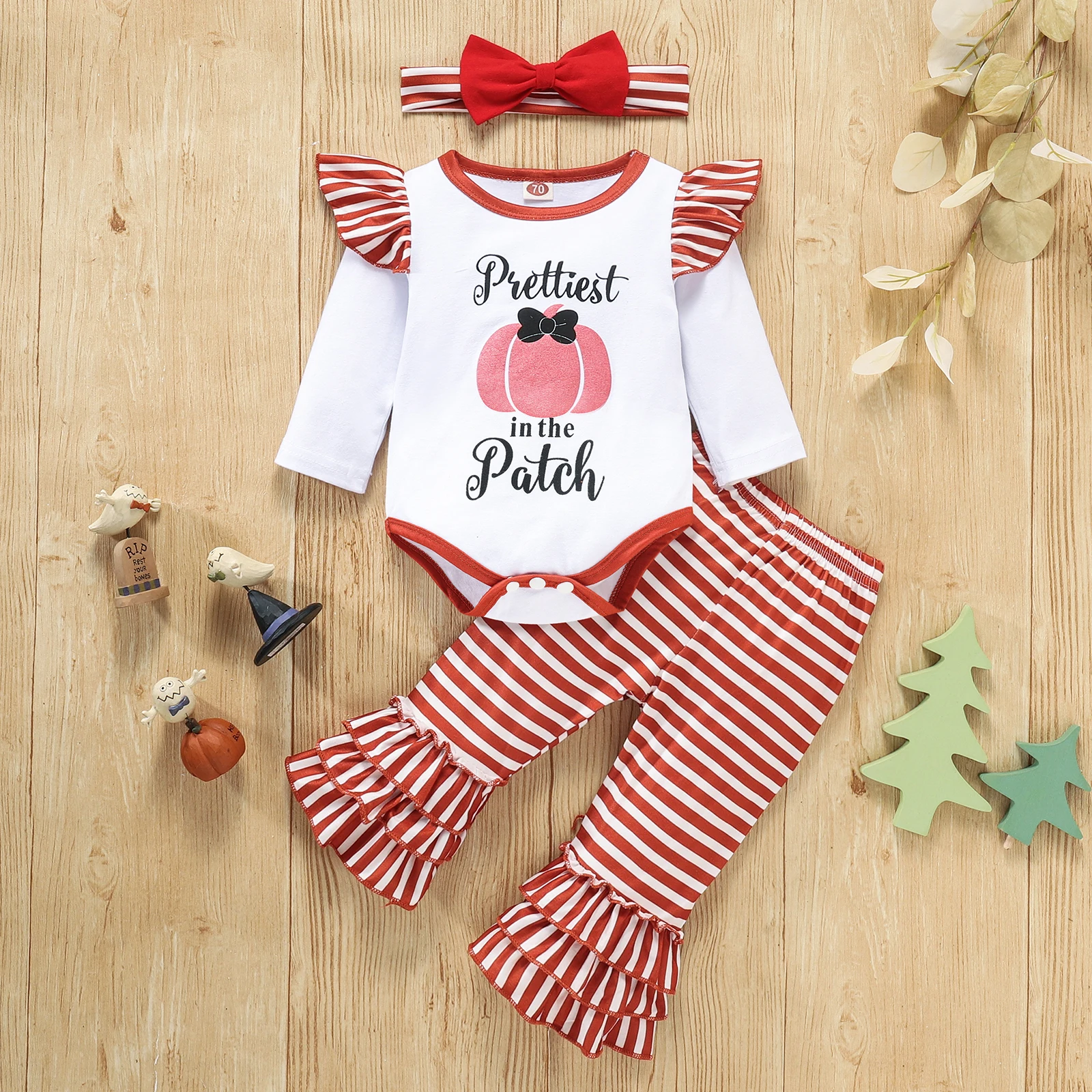 

0-18 Months Autumn Baby Girls Three-piece Clothes Set, Printed Pattern Round Collar Romper, Flared Pants and Bow Knot Headdress