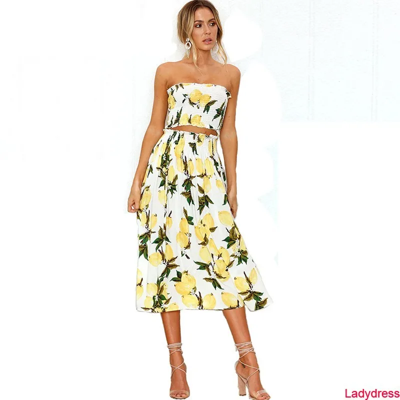 2020 new Women Flower Print Beach 2 Pcs Suits Backless Strapless Crop Top Elegant High Waist Long Skirt Summer Slim Casual Ladie