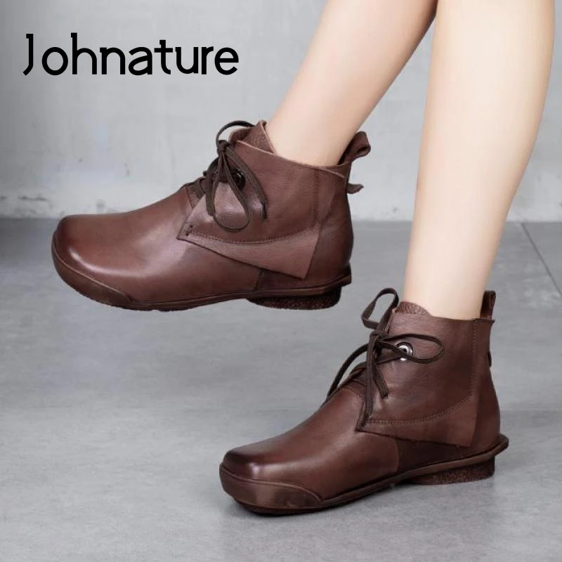 

Johnature Women Boots 2022 New Women Shoes Genuine Leather Lace-up Round Toe Flat With Sewing Handmade Ankle Platform Boots