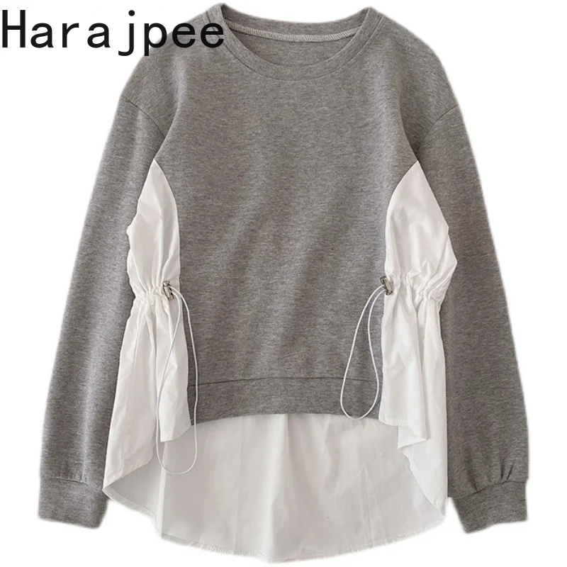 

Harajpee Women Hoodie Casual Irregular Stitching O-neck Long-sleeved Drawstring Female Top 2021 Spring Autumn New Korean Chic