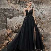 sexy gothic black wedding dress sleeveless scoop high split backless lace appliques bridal gowns 2021 vestidos de noivas
