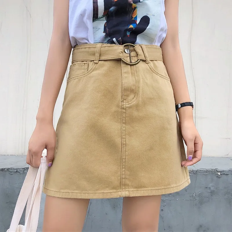 Черный Красный Юбка цвета хаки Повседневная Harajuku джинсовые юбки Jupe Mujer в духе