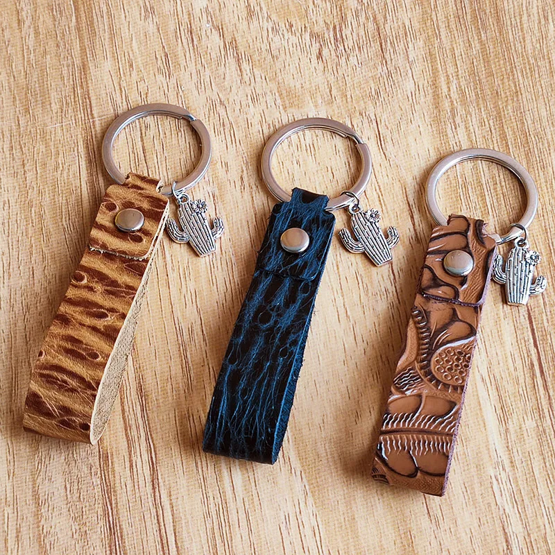 

Vintage Silver Cactuses Charms Key Rings Genuine Leather Handle Keychains