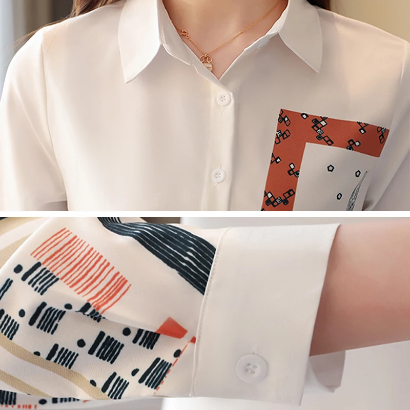 2021 New Korean Spring Chiffon Print Women Blouse Long Sleeve Ladies White Shirt Tops Female Button Blusas High Quality Clothing | Женская