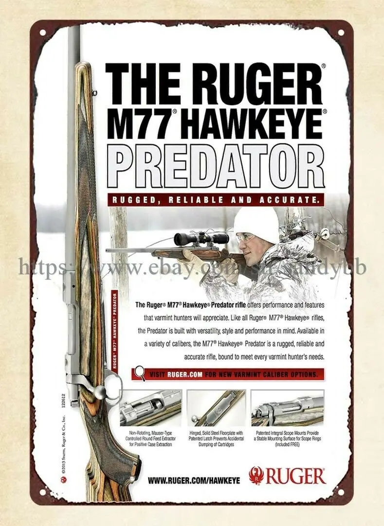 

dorm room wall decor ruger M77 hawkeye predator firearm rifle metal tin sign