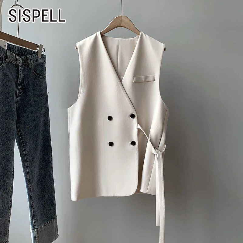 

Женское повседневное пальто SISPELL, однотонное пальто на шнуровке, с V-образным вырезом, без рукавов, с высокой талией, свободного покроя, 2021