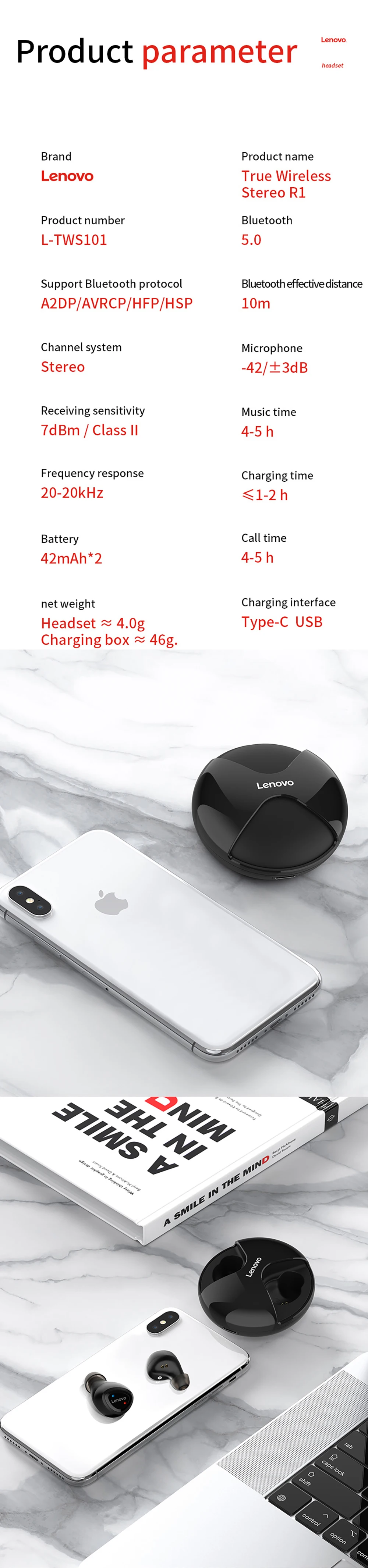 Lenovo гарнитура истинные беспроводные наушники R1 Bluetooth 5,0 спортивные наушники HIFI качество звука стерео IPX5 Водонепроницаемый сенсорный контроль