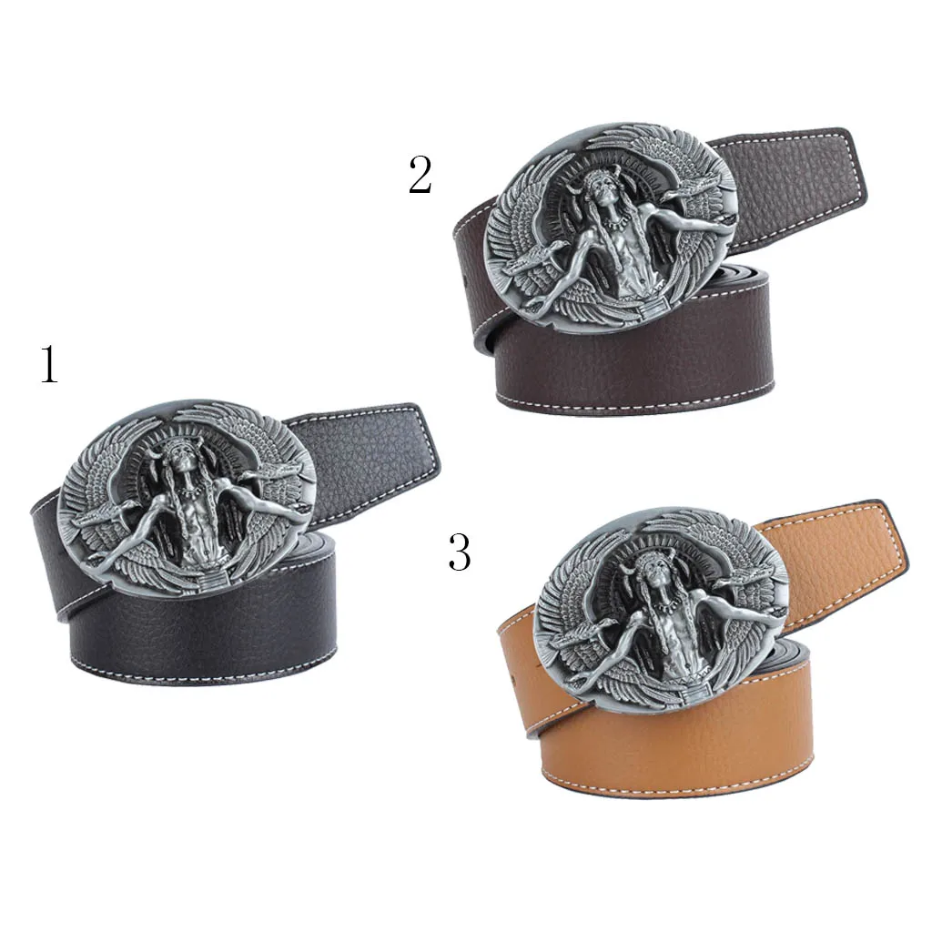 

Men's PU Leather Casual Belt with Oval Zinc Alloy Carved Native Chief Eagle Buckle Waistband