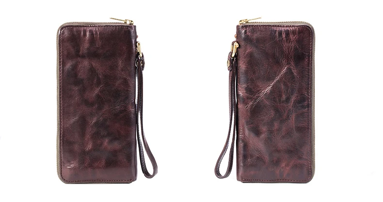 High Quality Vintage Real Cowhide Men Wallet Cash Purse Zipper Modern Stylish Male Long Day Clutches Wristlets Wallet Card Case