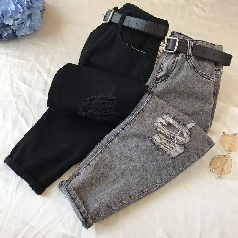 

5XL Plus Size Retro Streetwear Women Straight Hole Denim Ripped Jeans Loose Casual Harem Pants Black High Waist Jean Femme C6898