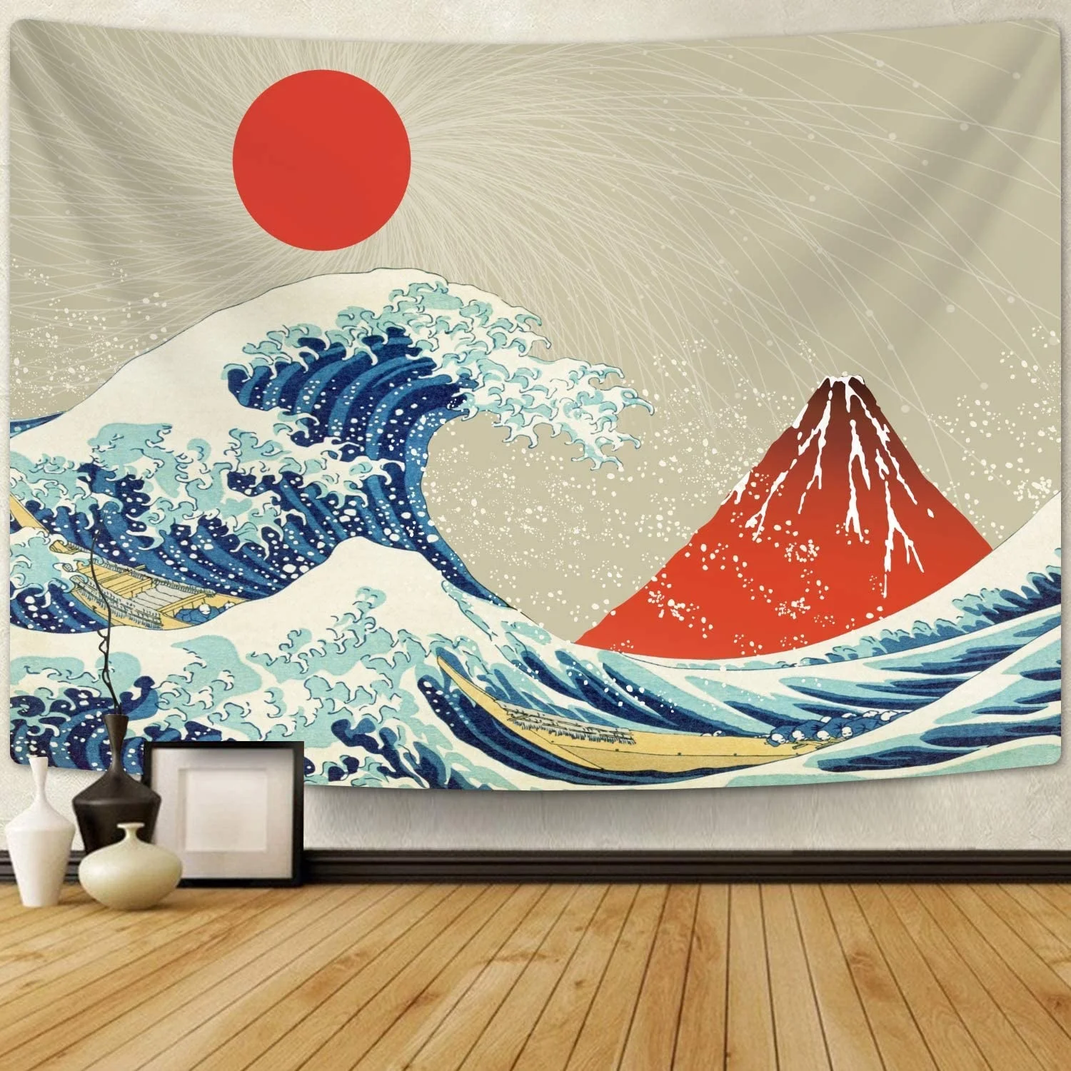 

The Great Wave Off Kanagawa Tapestry, Wave Tapestry with Volcano Red Sun Tapestries Japanese Tapestry Wall Hanging for Room
