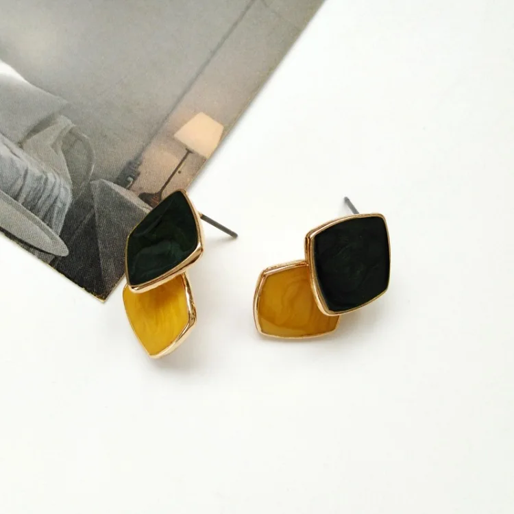 Stud Green Yellow Простые синие квадратные клипсы с узором, винтажные женские украшения, серьги - Окраска металла: Stud Green Yellow