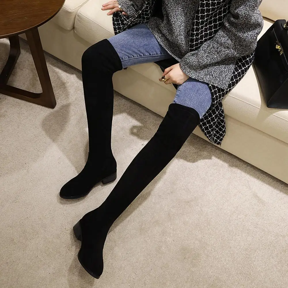 

Thick-Heeled Gray Stretch Cloth Over-The-Knee Boots Dark Brown Low-Heeled Autumn Suede Women's Boots Cheap Shoes