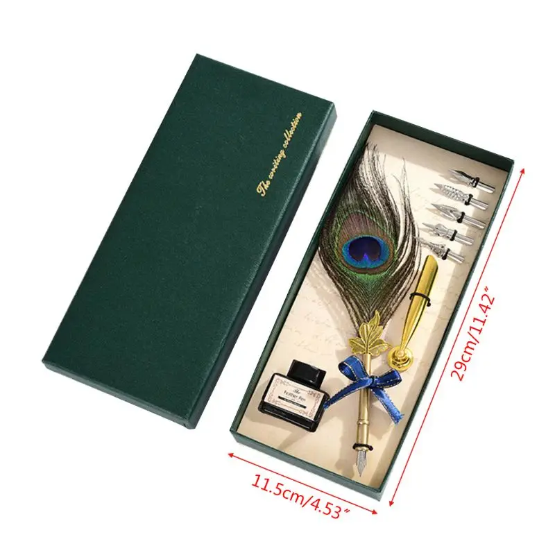 

Vintage Calligraphy Quill Peacock Feather Dip Fountain Pens Writing Ink Nibs Art Q6PA