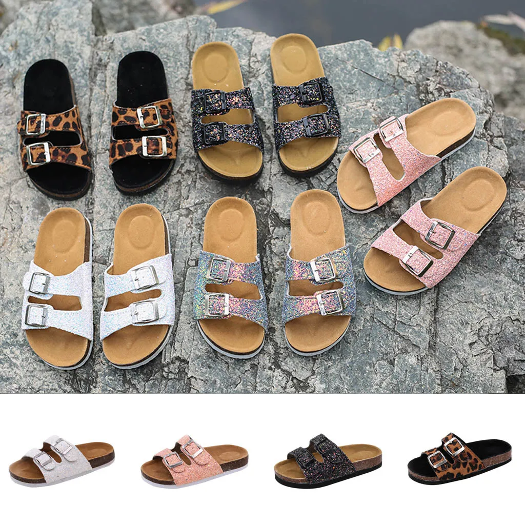 

Fashion Women Buckle Summer Beach Slippers Flat Non-Slip Sequin Cork Slippers Bling Gladiator Double Belt colorful buckle
