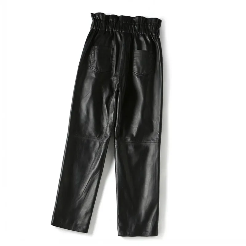 

Women Sheepskin Trousers Black Elastic High Waist Genuine Leather Office Lady Harem Pant Spring Autumn Luxury Brand Korean Style