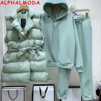 alphalmoda 2021 winter new double breasted shining padded vest hooded fleeced thickened sweatshirt pants selling seperately