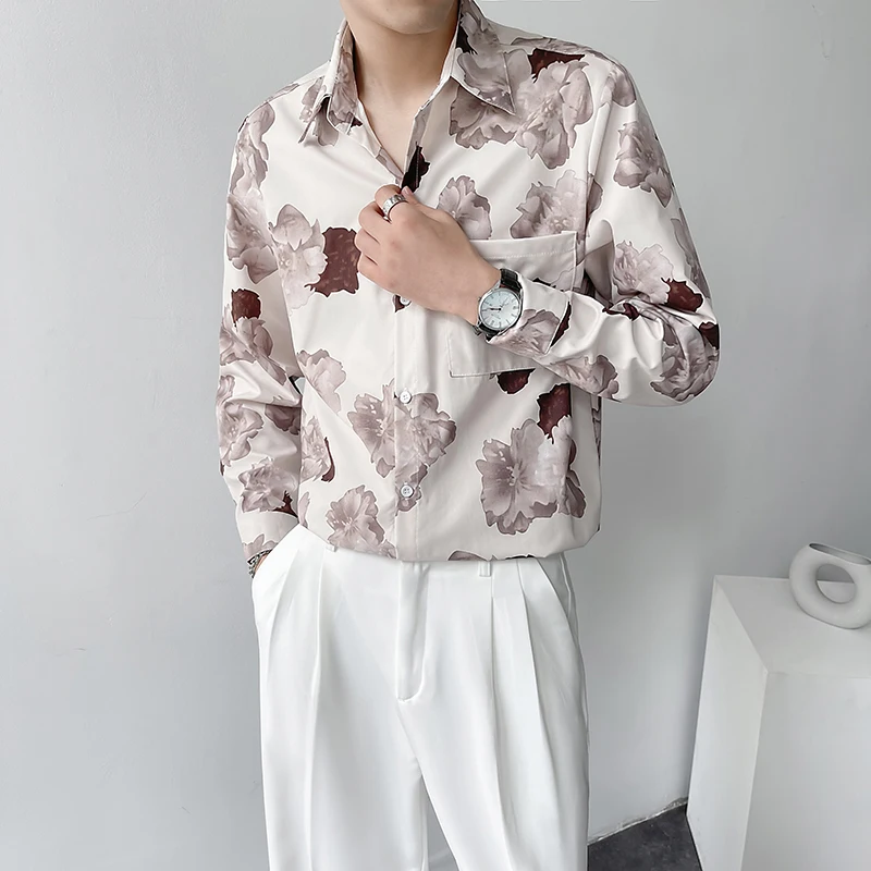2021 Flower Printed Men's Shirt Autumn Long Sleeve Loose Street Casual Shirt Social Party Male Clothing Nightclub Chemise Homme