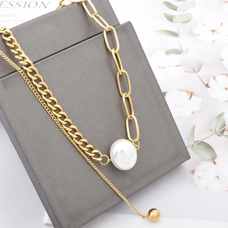 

YAOLOGE 2021 Trend 316L Stainless Steel Pearl Necklace For Women Unilateral Tassel Bead Chain Choker New Fashion Gift Jewelry