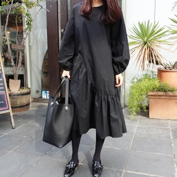 2020 женское платье миди с пышными рукавами прямое лоскутное черное свободное