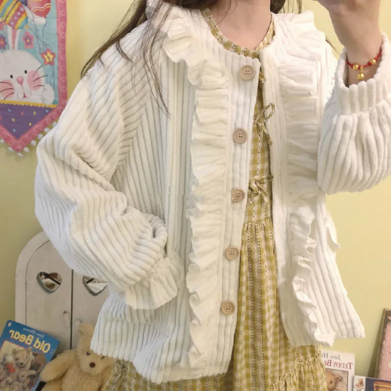 

2022 New Spring Autumn Japanese Soft Girls Preppy Style Ruffles Loose Women Cute Chic Lantern Long Sleeve Cardigan Jackets Y173