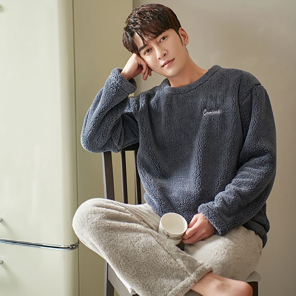 2021 Winter Flannel Pajamas for Men Thick Pajama Male Warm Pajamas Lovely Panda Sleepwear Lounge Set Casual Plaid Patwork Pijama