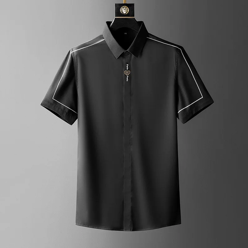 

Hot Rhinestone Shirt Men's Short-sleeved Slim Handsome Casual Shirt Men's Top Brand Business Formal Dress Clothing White Black