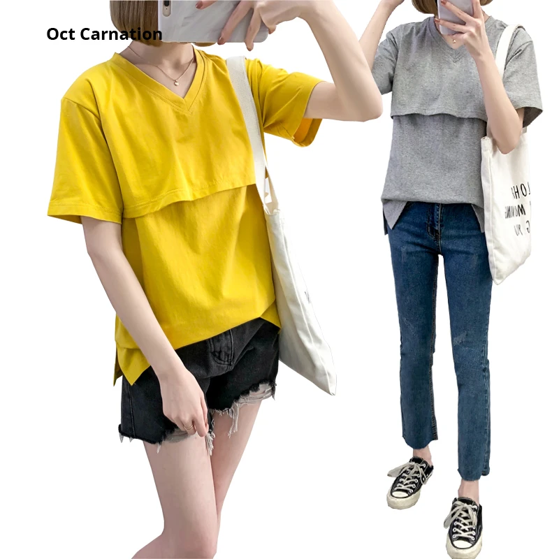 Однотонная хлопковая футболка для грудного вскармливания с коротким рукавом и