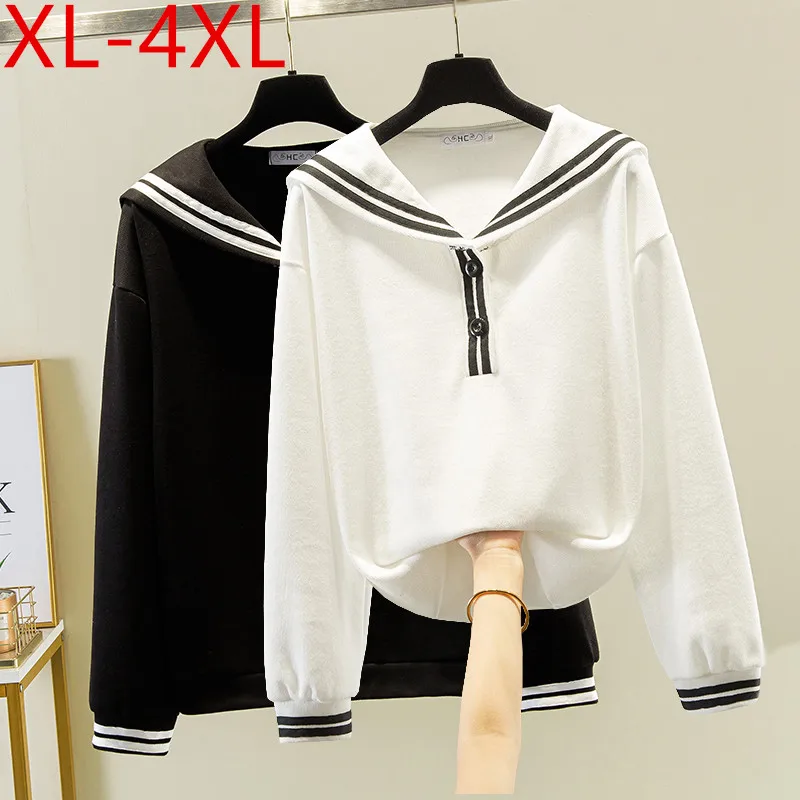 

Missfansiqi 4XL Plus Size Women T-Shirt Spring Autumn Sailor Collar Long Sleeve Large Casual Loose Tees Tops Fit Weight 50-100KG
