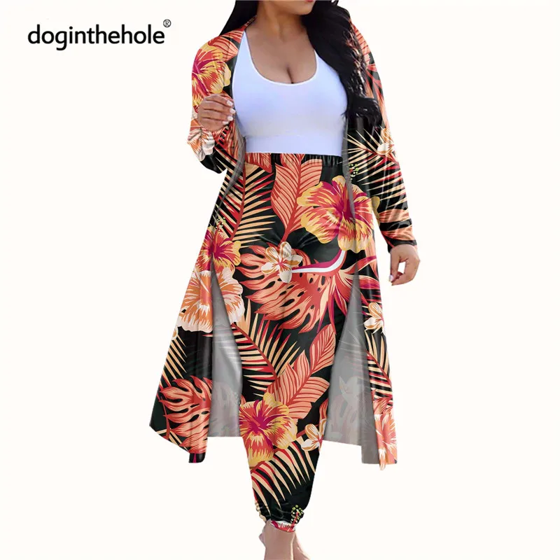 

Doginthehole Женский комплект из двух предметов с тропическими листьями дизайн элегантный кардиган с длинным рукавом облегающие брюки костюм дл...