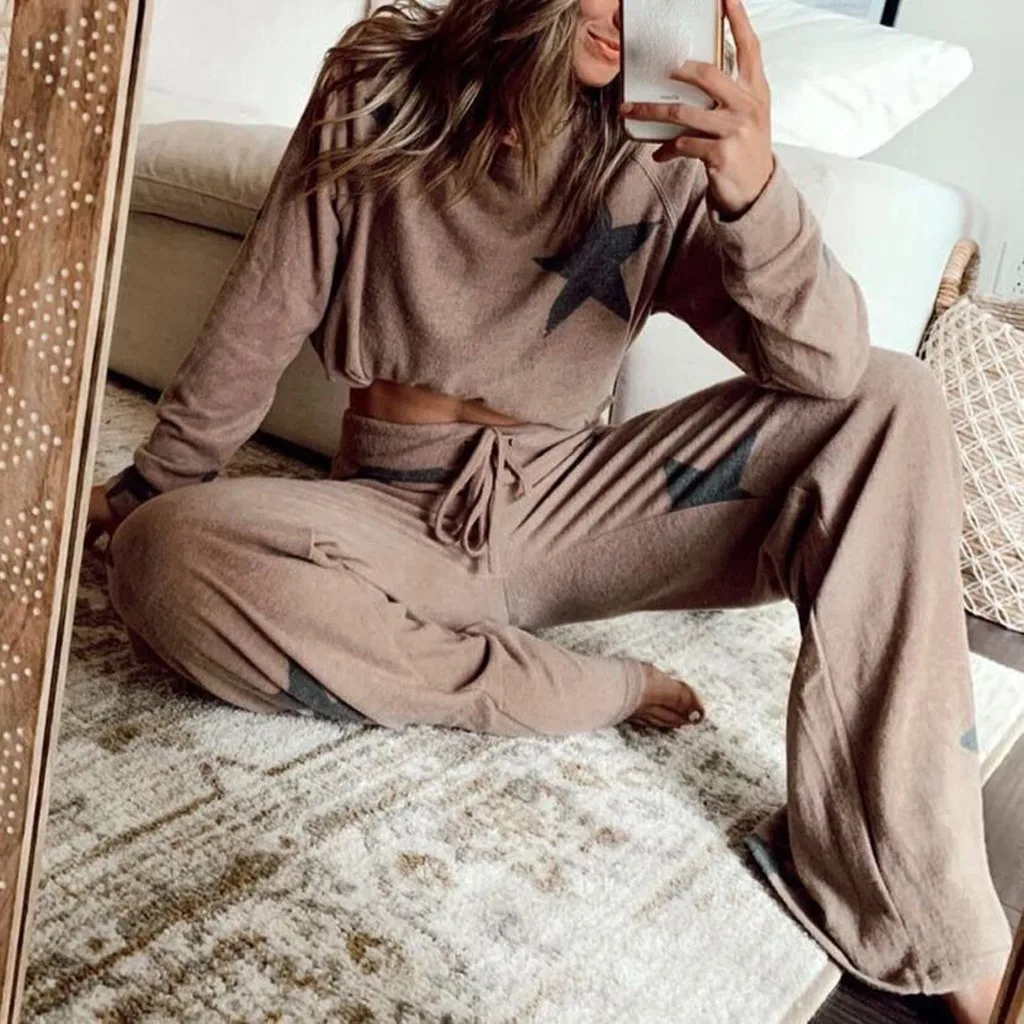 Autumn Women Stars Print Two Piece Set Long Sleeve Leisure Pocket Home Sweatpants Sets Loose Tracksuits Sportwear #3 |