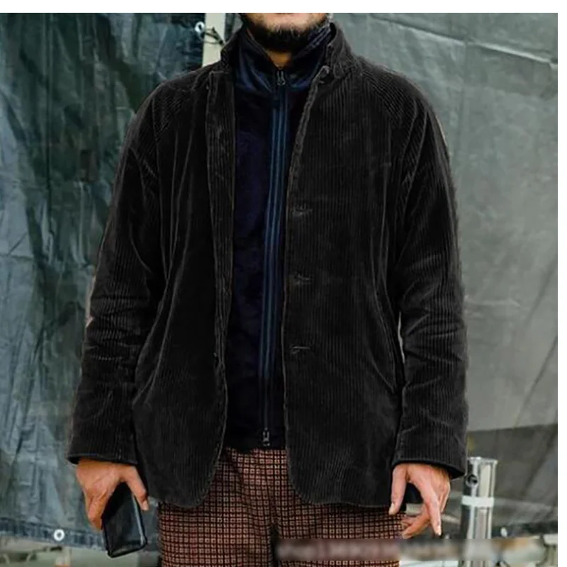 

2021 spring and autumn men's cardigan suede stand collar button solid color loose fashion male jacket casual large size tops