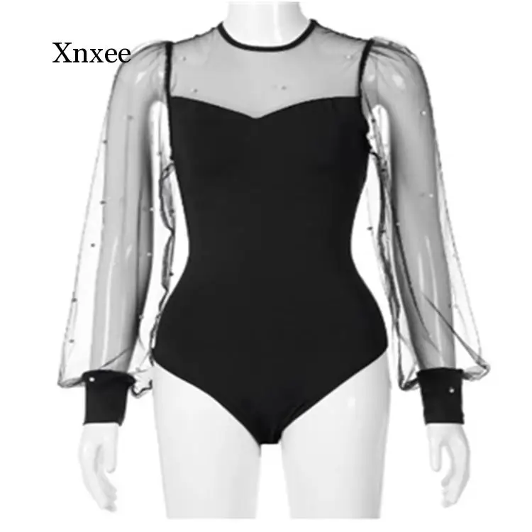 

2021 Mesh Long Puff Sleeve Sexy Black Bodysuit Women Spring Summer Body Tops Patchwork See Through Casual Ladies Jumpsuit Tops