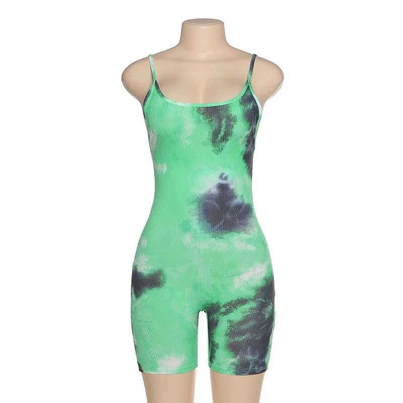 2021 Sling Jumpsuit Printed Women Sleeveless Tie-Dyed Shorts Set Casual Backless Sport Wear Bodysuit Fitness Romper Femme