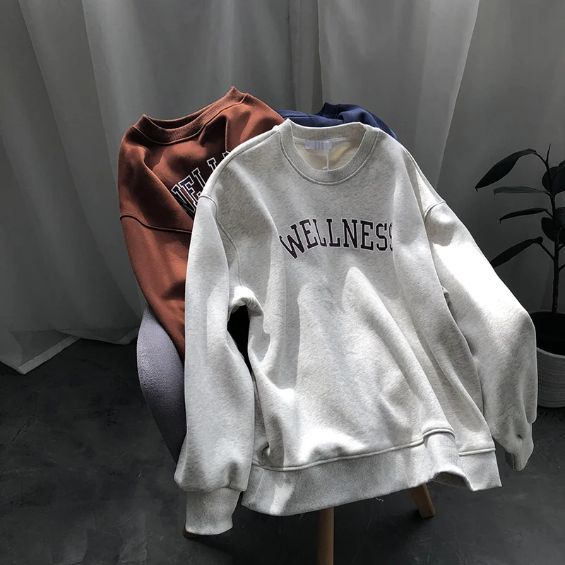

Letter Graphic Fleece Sweatshirt Pullovers Beige / Orange / Blue