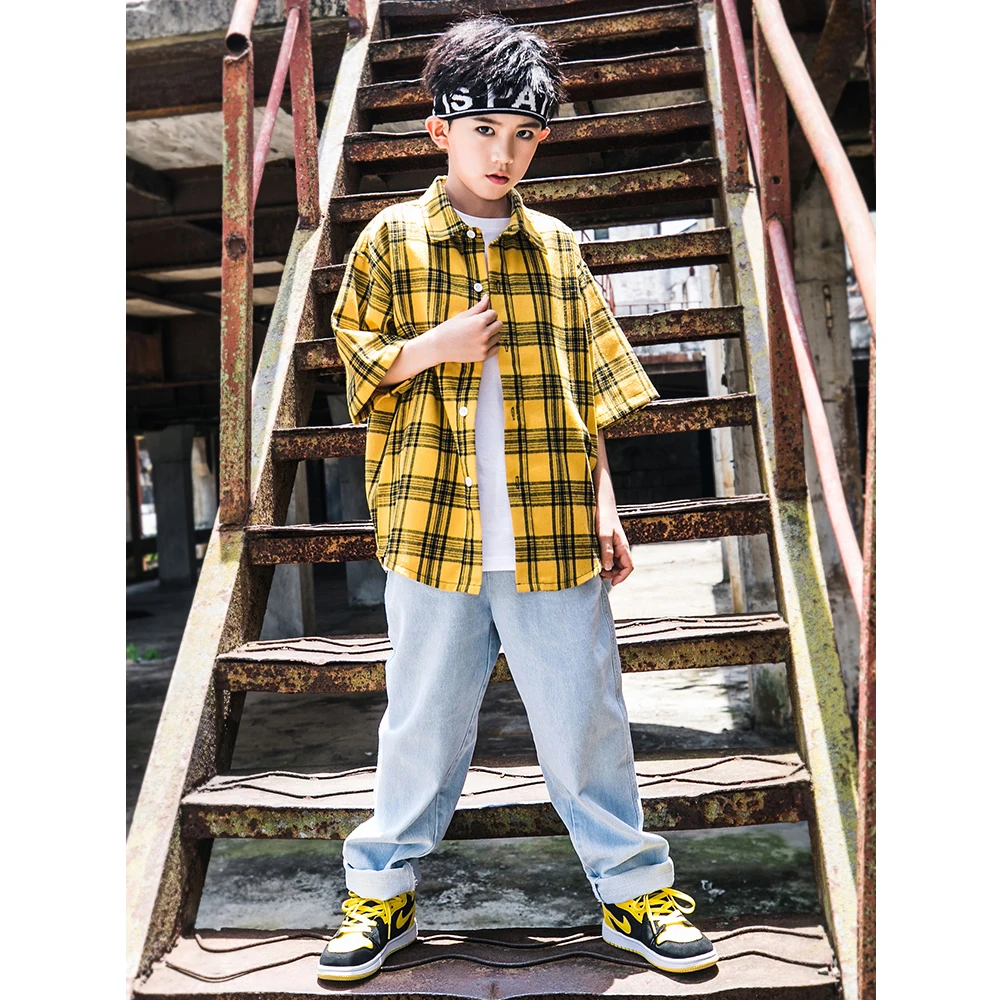 

Boys Hip Hop Costume Kids Jazz Street Dance Wear Children Stage Performance Dancing Outfits Lattice Shirts Pants 2pcs DQS2572