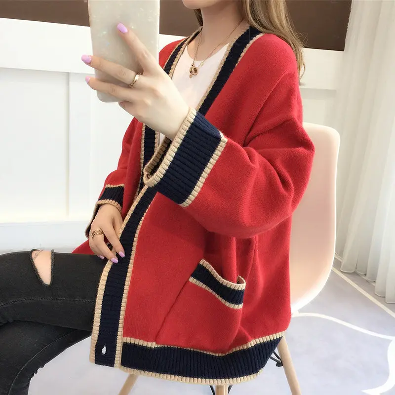 

2021Women's Cardigan Knitted Korean Fashion Stripe Wool Sweater for Women Winter Long Sleeve V-neck Casual Knitwear Coats Female