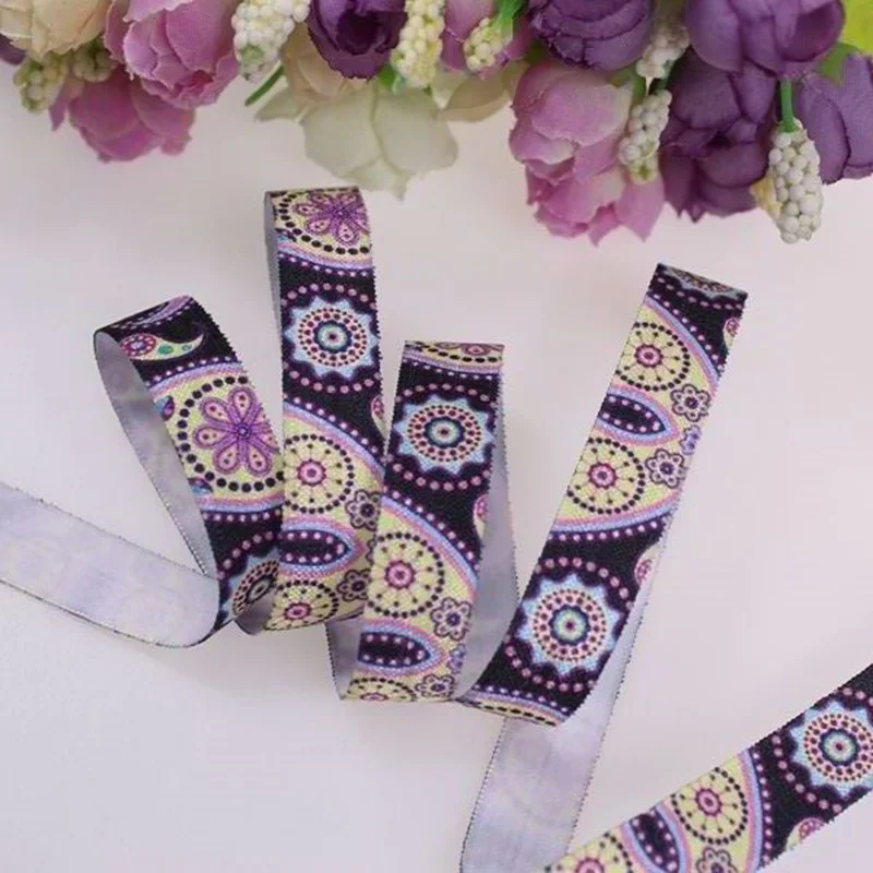 

Supply Custom Print Heat Transfer Paisley Printed FOE Fold Over Elastic Ribbon 100Yards