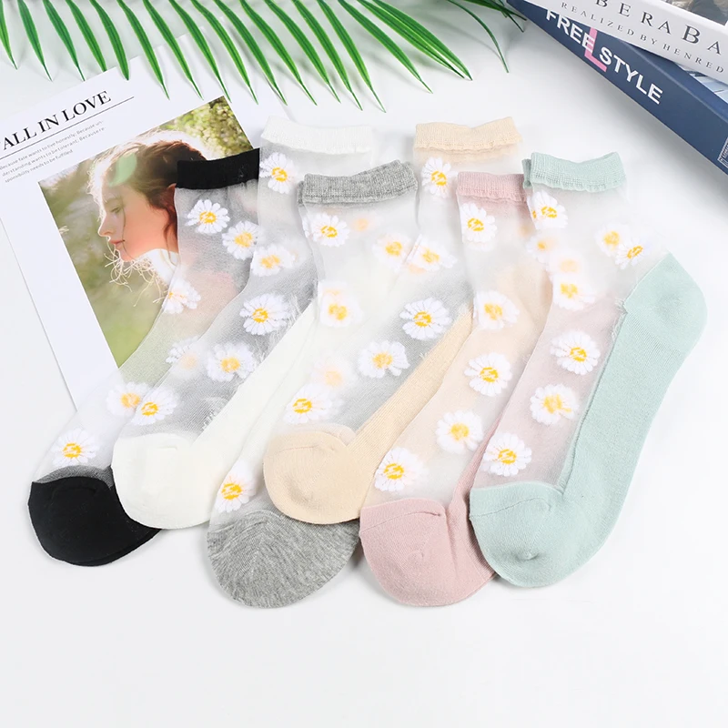 5 Pairs/Lot Summer Sweet Harajuku Flower Socks Women Ladies Small Daisy Green Tube Meias Mujer Thin Breathable Non-slip Calzini