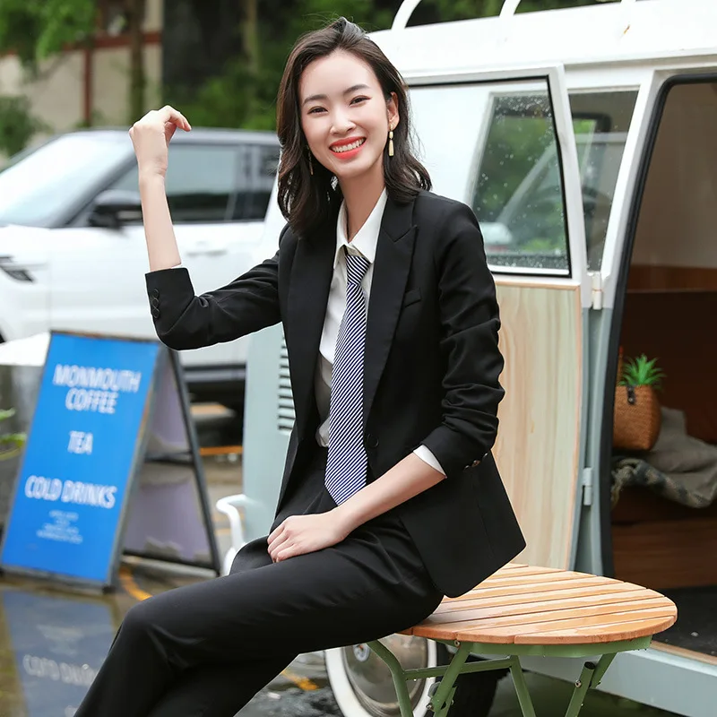 IZICFLY Autumn Office Interview Sales Work Wear Clothes For Women Blazer Trouser Business Elegant Pants Suits Outfit-No Tie