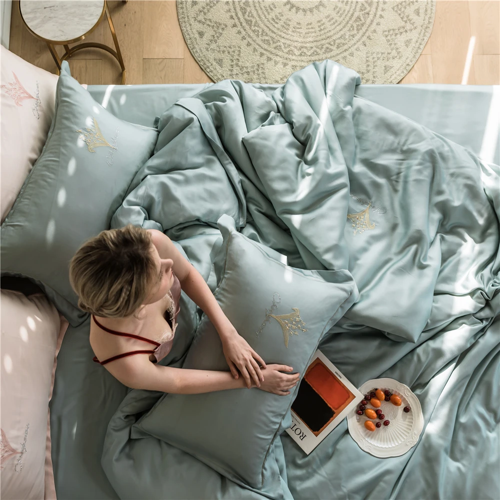 Kopen Elegant Lichtblauw 4 Stuk Beddengoed Sets Tencel Lyocell Zijdezacht Kussensloop Dekbedovertrek Laken Delicate Hot Boren Orchidee