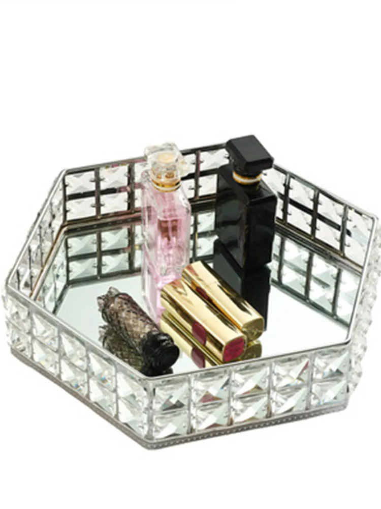

New crystal bead mirror tray cosmetic storage tray wrought iron cake stand dessert display tray storage box