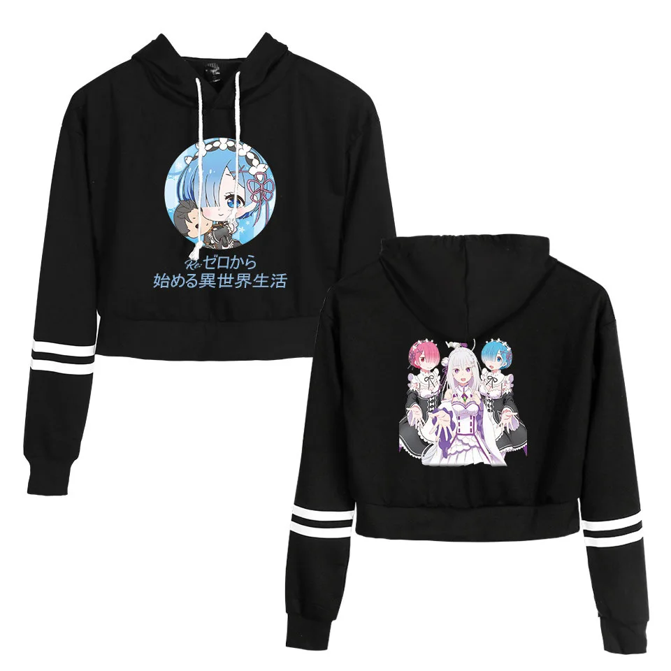 Re Zero Rem and Ram anime cropped hoodie sweatshirt women sexy fashion harajuku Crop hoodies streetwear Jacket brand clothes