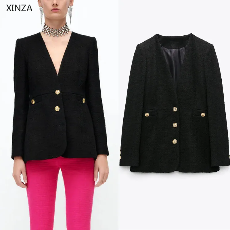 

Women Black Textured Blazer Za 2021 Long Sleeve Vintage Fitting Blazers Pronounced Shoulders Buttoned Women Blazers Coat