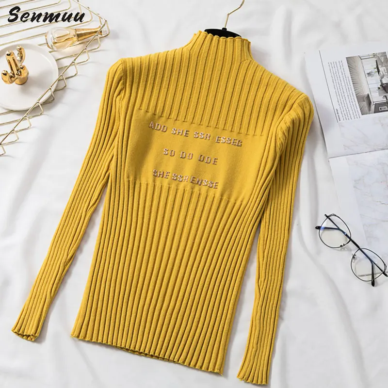 INS 2019 Autumn Women Ladies Turtleneck Soft Letters Sweater Femme Korean Pull Tight Knit Ribbed Jumper Knitwear Top | Женская одежда