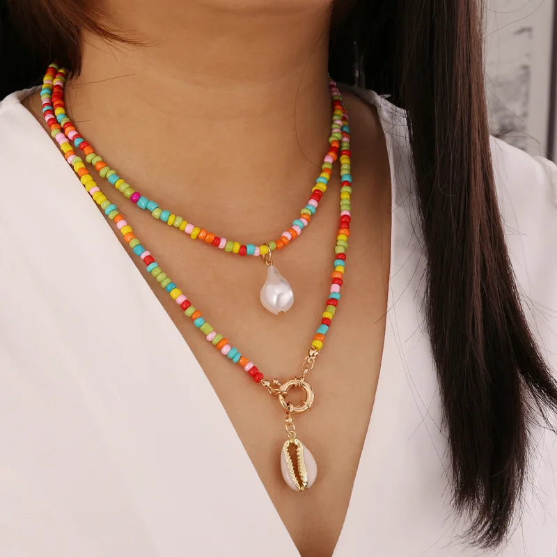 

New Bohemian Style Colorful Seed Bead Stand Necklace Female Women Fashion Shell Pendant Jewelry Popular Clavicle Necklace Gift